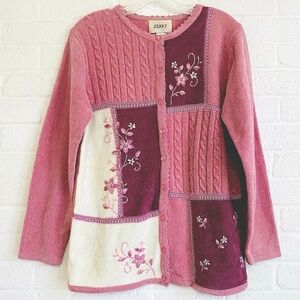 Vintage Cardigan Sweater Medium Patchwork Color Block Pink Cottage Granny Jenny